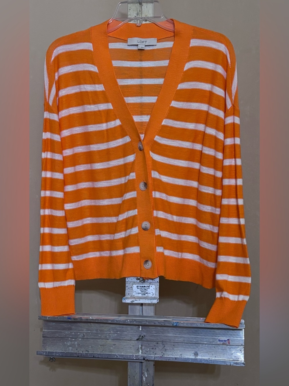 LOFT Orange & White Striped V-Neck Button Cardigan